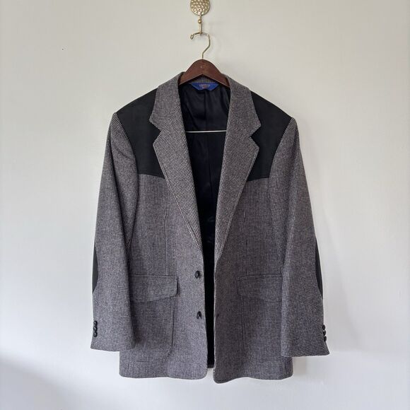Pendleton Blazer Men 42 Wool Tweed Houndstooth Elbow Patch Western Sport Coat - Picture 13 of 16